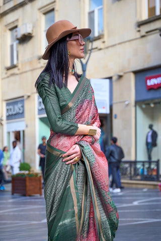 Green Print-poly Viscose Handloom Weaving Saree