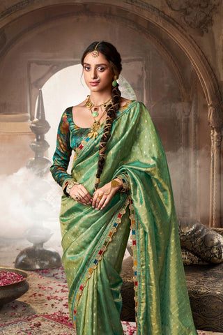 Green Pure Tissue With Beaufort Multicolored Lace Saree_Kumari Sarees