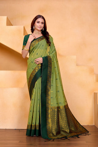 Green Pure Handloom Cotton With Gold Zari Silk Saree_Kumari Sarees