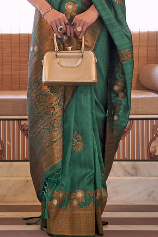 GREEN TUSSAR SILK COPPER ZARI WEAVING SAREE