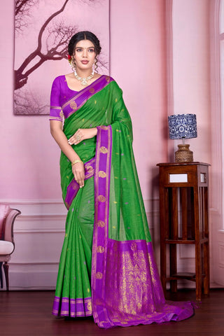 Green Pure Handloom Cotton With Gold Zari Silk Saree