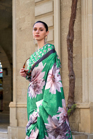 GREEN DIGITAL PRINT SATIN CREPE SAREE