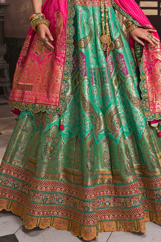 Green Silk Lehenga With Sequence Zarkan Work