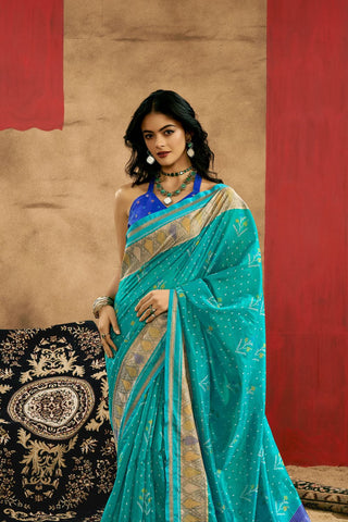 Teal Blue Patola Handloom Weaving Silk Saree_Kumari Sarees