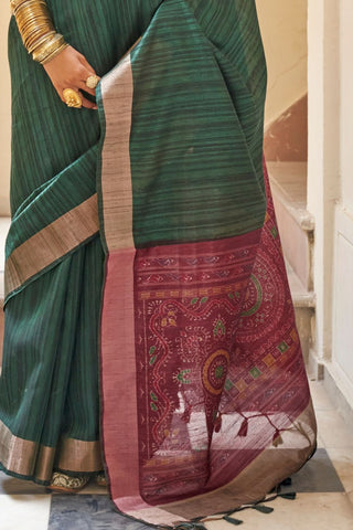 Green Handloom Tussar Silk Saree_Kumari Sarees