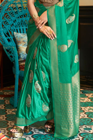 GREEN NYLON PURE SATIN WEAVING SILK SAREE