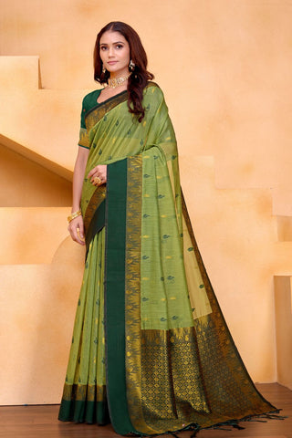 Green Pure Handloom Cotton With Gold Zari Silk Saree_Kumari Sarees