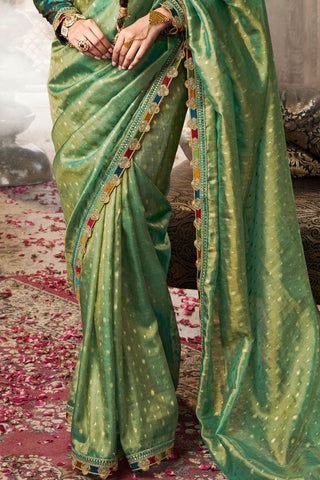 Green Pure Tissue With Multicolored Lace Saree