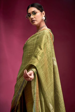 Green Tussar Saree with Hand based Work