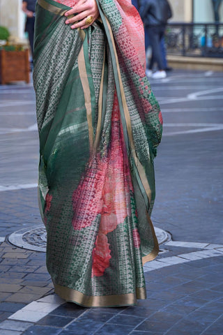 Green Print-poly Viscose Handloom Weaving Saree