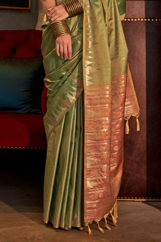 Green Tussar Handloom Weaving Silk Saree_Kumari Sarees