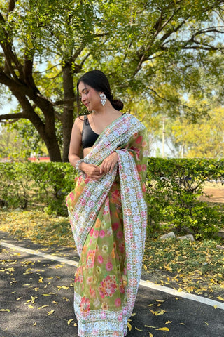 GREEN ORGANZA EMBROIDERED SAREE