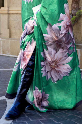 GREEN DIGITAL PRINT SATIN CREPE SAREE