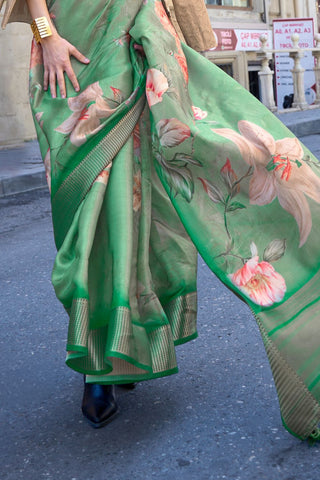 GREEN PRINT SATIN ORGANZA WEAVING SAREE