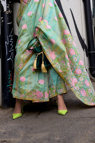 Green Parsi Weaving - Handwoven Textured Silk Saree