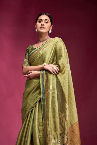 Green Tussar Saree with Hand based Work