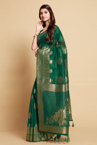 GREEN LINEN CHANDERI SAREE