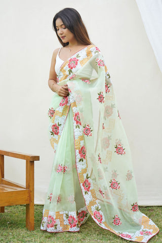 GREEN ORGANZA SILK SAREE