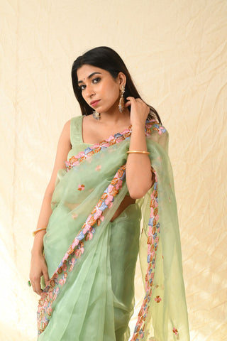 GREEN ORGANZA EMBROIDERED SAREE