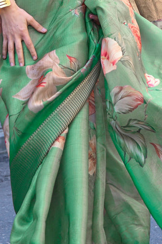 GREEN PRINT SATIN ORGANZA WEAVING SAREE