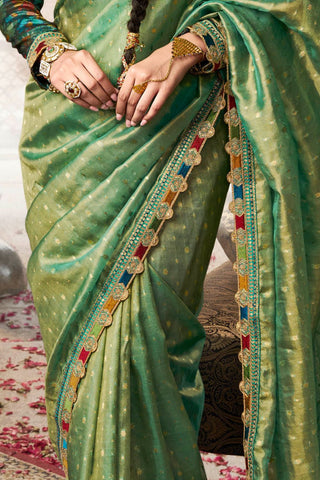 Green Pure Tissue With Beaufort Multicolored Lace Saree_Kumari Sarees