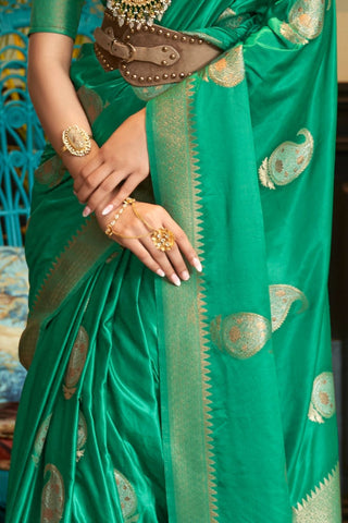 GREEN NYLON PURE SATIN WEAVING SILK SAREE