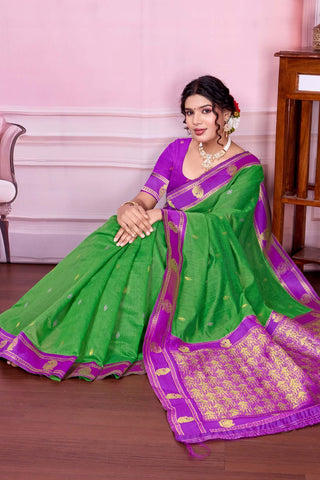 Green Pure Handloom Cotton With Gold Zari Silk Saree