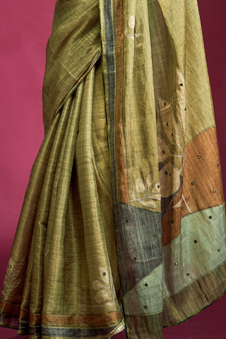 Green Tussar Saree with Hand based Work