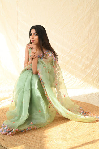 GREEN ORGANZA EMBROIDERED SAREE