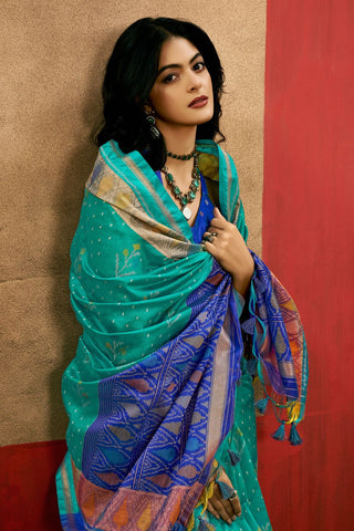 Teal Blue Patola Handloom Weaving Silk Saree_Kumari Sarees