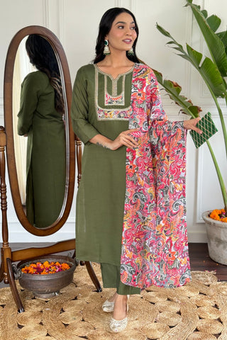 Green Chanderi French Creap Embroidery Kurta set