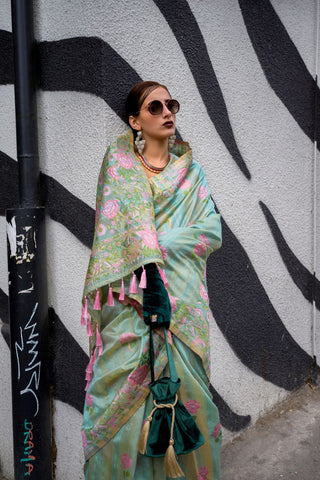 Green Parsi Weaving - Handwoven Textured Silk Saree