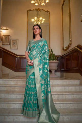 GREEN TWO - TONE HANDLOOM  ORGANZA WEAVING SAREE