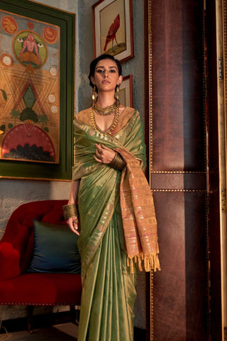 Green Tussar Handloom Weaving Silk Saree_Kumari Sarees