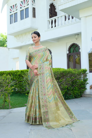 Green Organza Leheriya Woven Saree