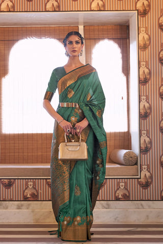 GREEN TUSSAR SILK COPPER ZARI WEAVING SAREE