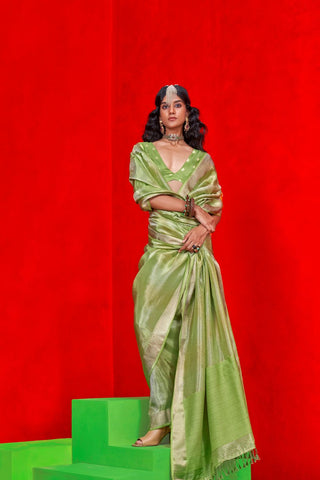 Green Pure Viscose Zari Tissue Saree_Kumari Sarees