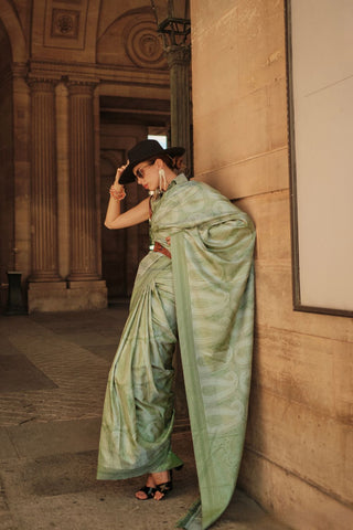 GREEN PURE SATIN HANDLOON WEAVING SAREE 