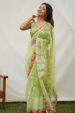 Green Organza Silk Saree_Kumari Sarees