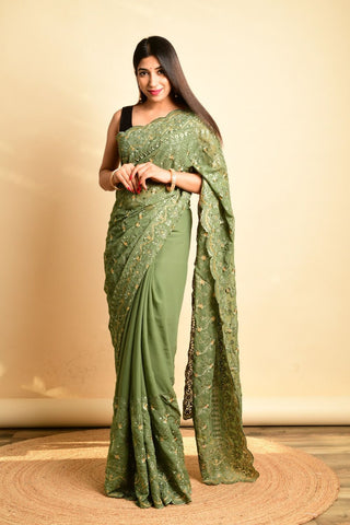 GREEN THREAD WORK GEORGETTE SAREE