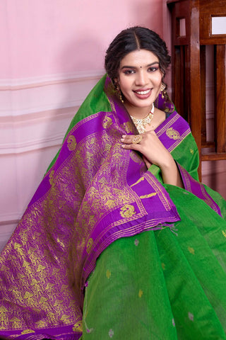 Green Pure Handloom Cotton With Gold Zari Silk Saree