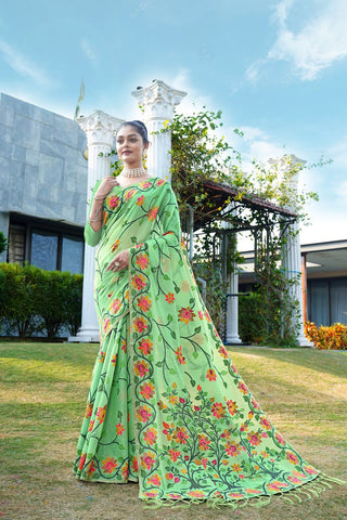 Green Soft Cotton Jamdani Floral Saree