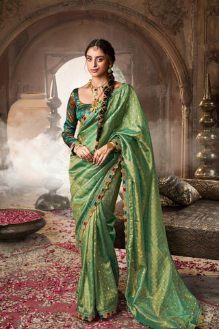 Green Pure Tissue With Beaufort Multicolored Lace Saree_Kumari Sarees