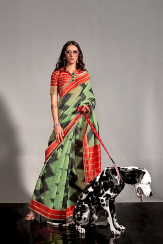 GREEN PRINTED AJRAKH HANDWOVEN SILK SAREE