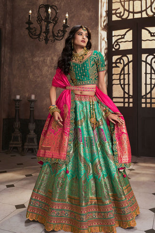 Green Silk Lehenga With Sequence Zarkan Work