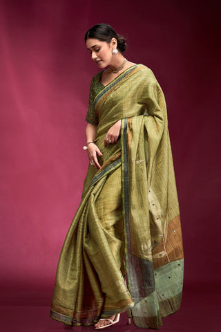 Green Tussar Saree with Hand based Work