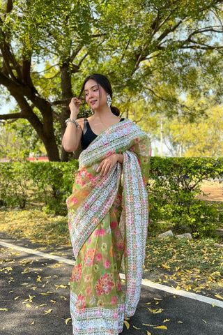 GREEN ORGANZA EMBROIDERED SAREE