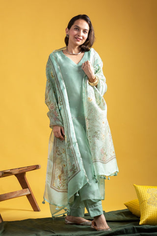 Green Viscose Chanderi Tebby Organza with Embroidery Kurta Set