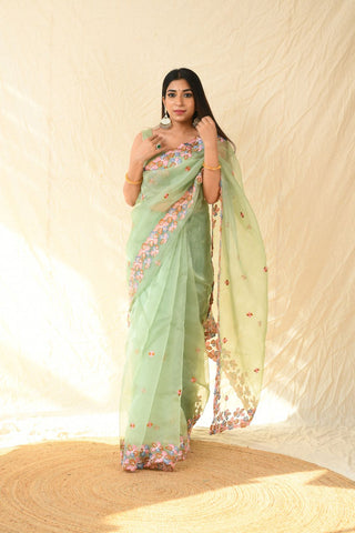 GREEN ORGANZA EMBROIDERED SAREE