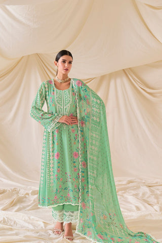 Green Pure Muslin Embroidery Kurta Set